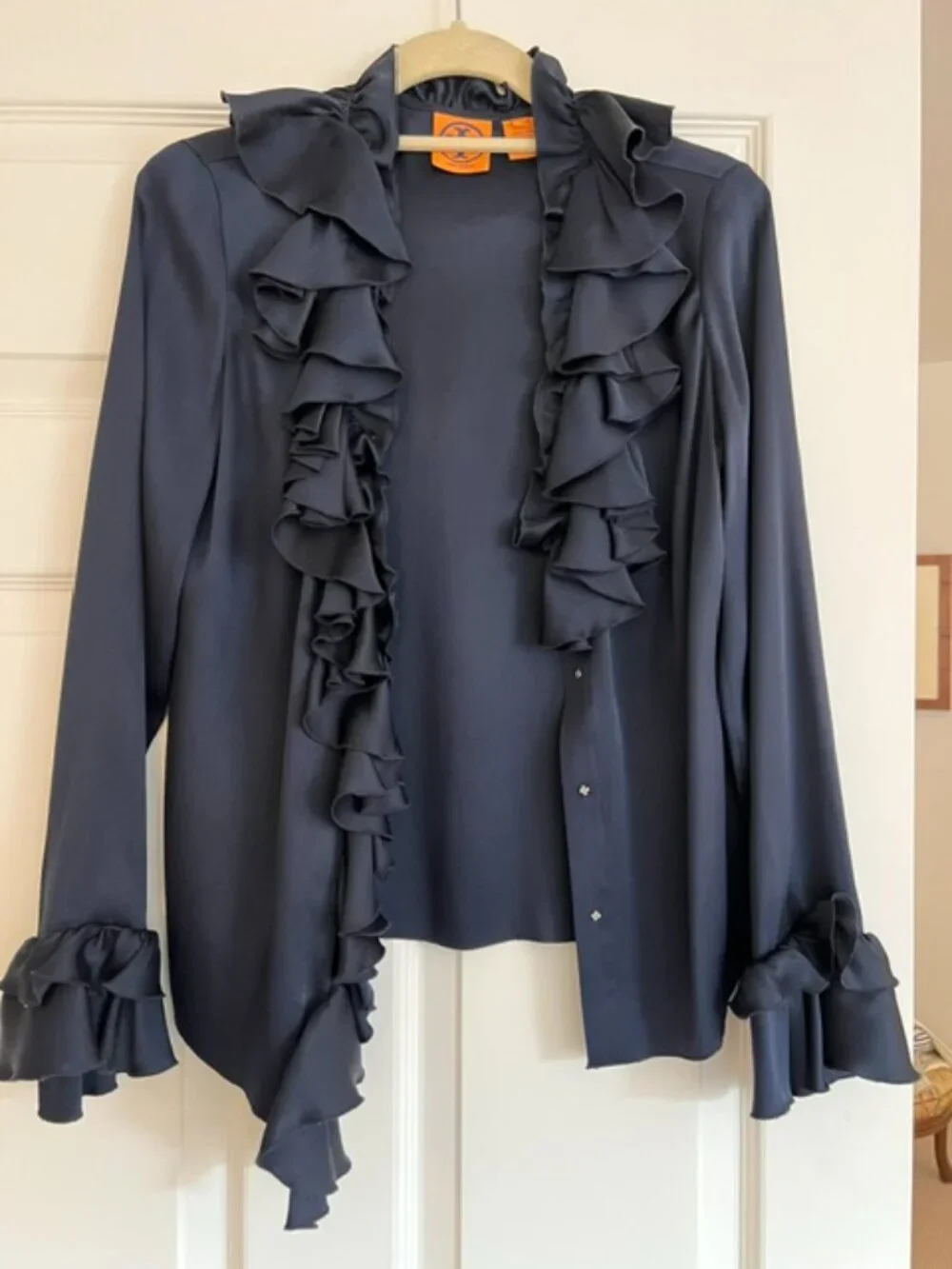 Tory Burch Vintage Navy Blue 100% Silk Waterfall Ruffle Blouse Size 2